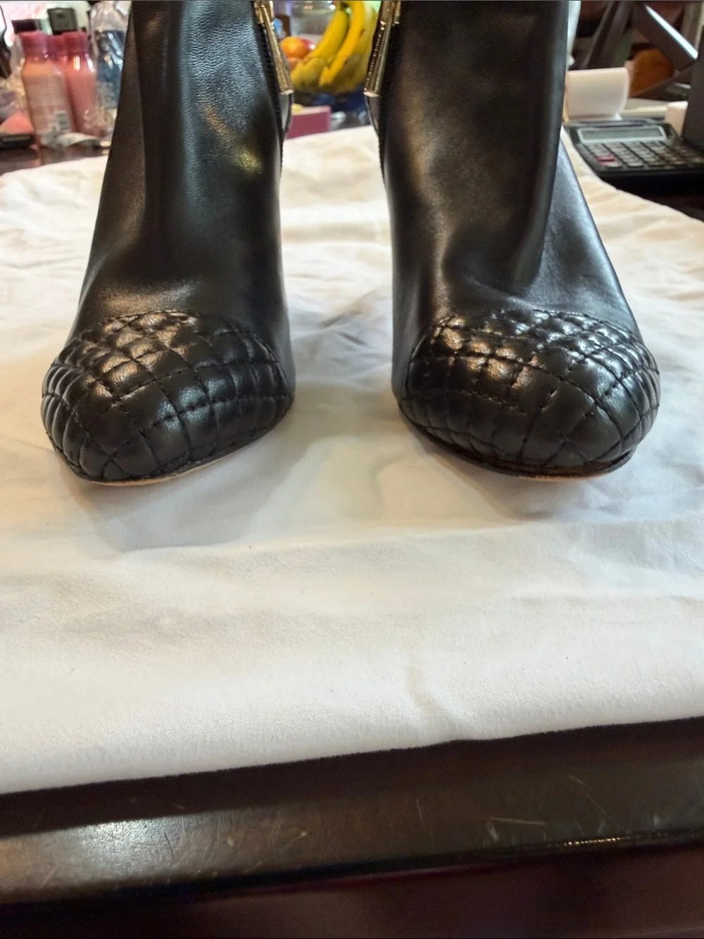 Vince Camuto Black Quilted Cap-Toe Leather Ankle Booties with Gold Zipper